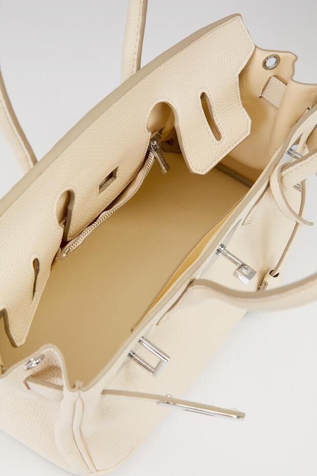 حقيبة يد بمشبك كريمي - 3