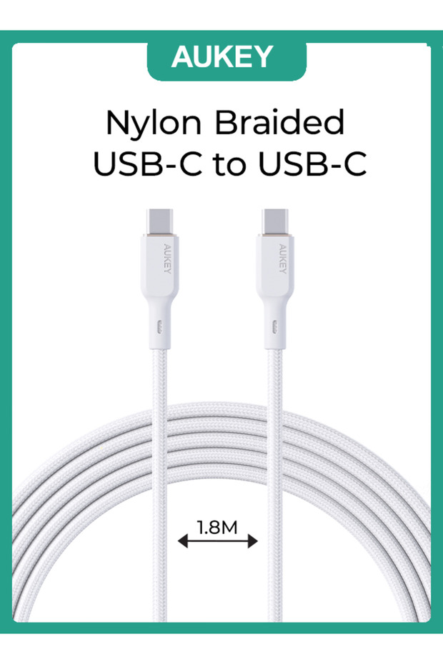 كابل USB-C إلى USB-C مضفر من النايلون بقوة 100 وات بطول 1.8 متر مع قلب من مادة كيفلر (أبيض)