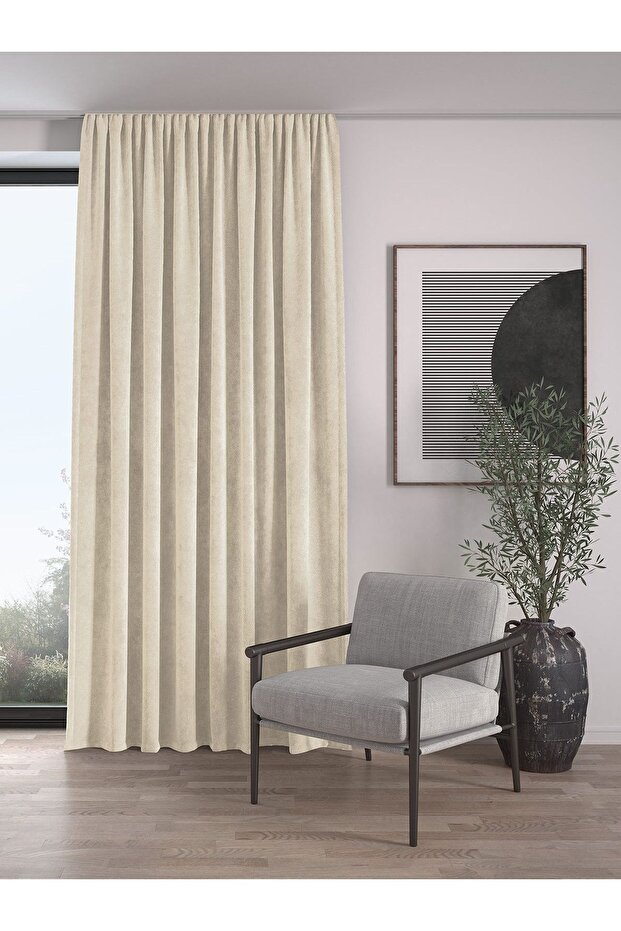 Velvet Textured Extrafor Gathered Moon Stone Beige High Quality Fund Curtain Single Wing