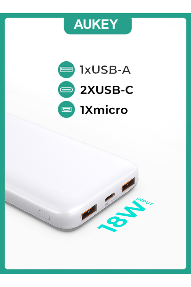 باور بانك 20 وات PD 10,000 مللي أمبير/ساعة ومنفذ USB-C أبيض