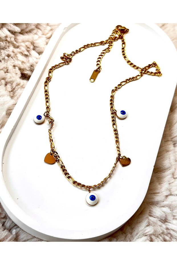 Women's Evil Eye Bead Heart Detailed 316L Steel Necklace