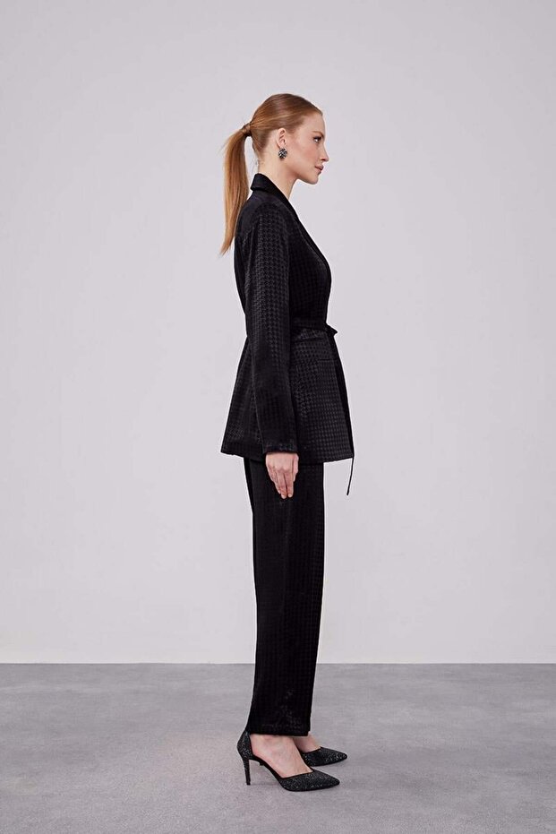 Jacquard Patterned Black Houndstooth Jacket Set - 2