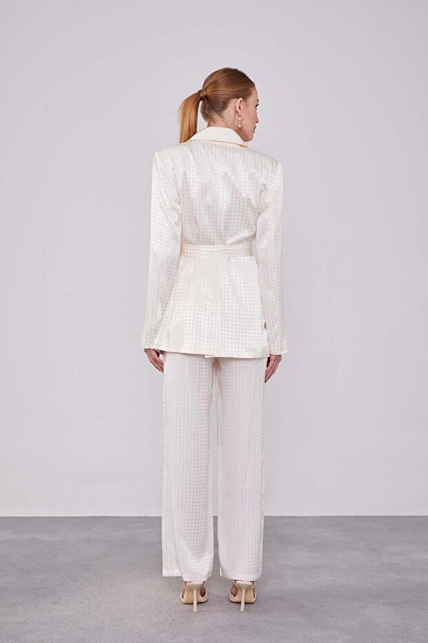 Ecru Houndstooth Pattern Jacquard Jacket Set - 7