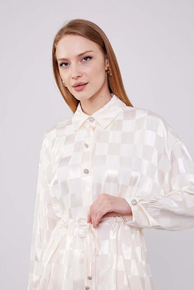 Jacquard Ecru Checkerboard Patterned Double Suit Set - 5