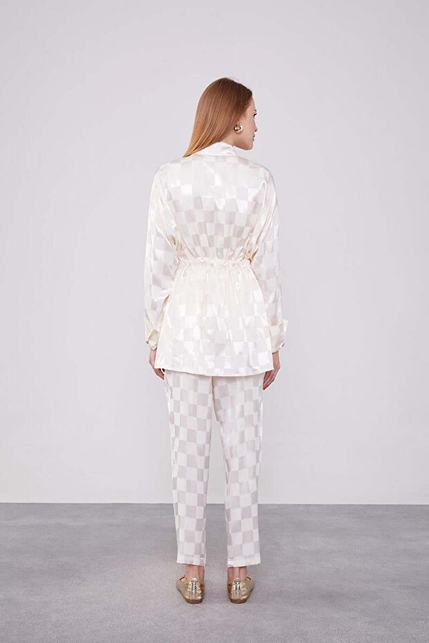 Jacquard Ecru Checkerboard Patterned Double Suit Set - 7