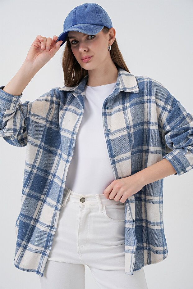 Women's Plaid Pattern Oversized Lumberjack Shirt 3854 Baby Blue