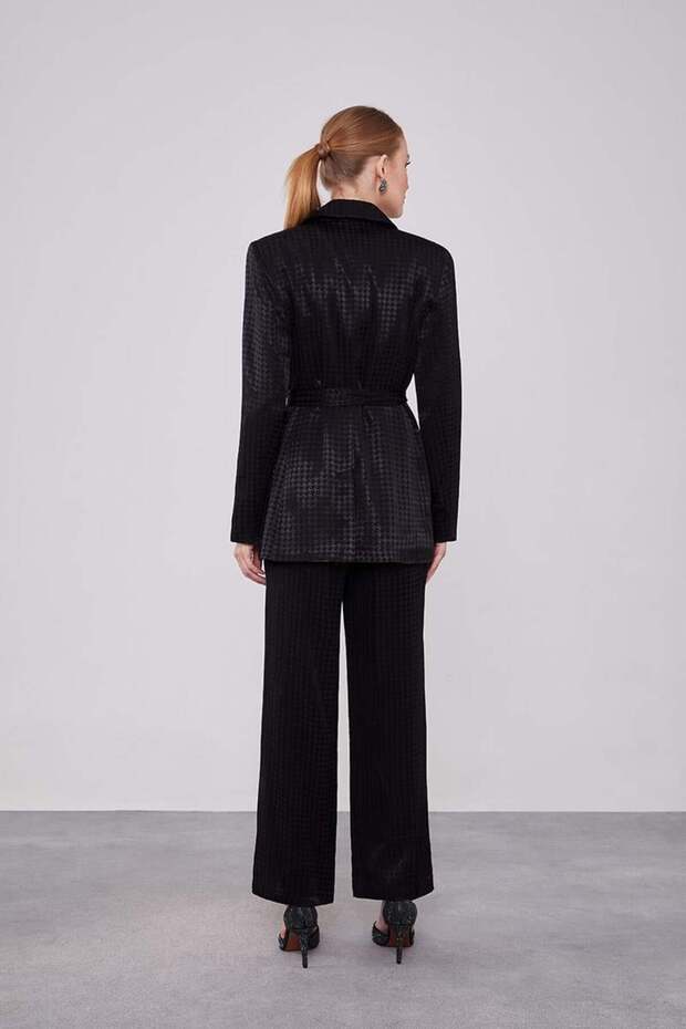Jacquard Patterned Black Houndstooth Jacket Set - 7