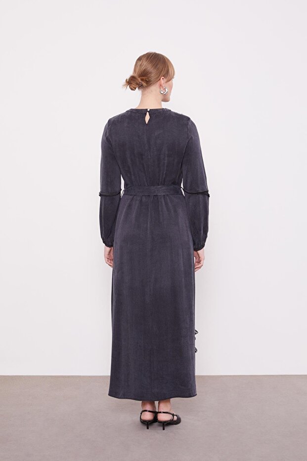 Siyah Dantel Şeritli Cupra Elbise - 7