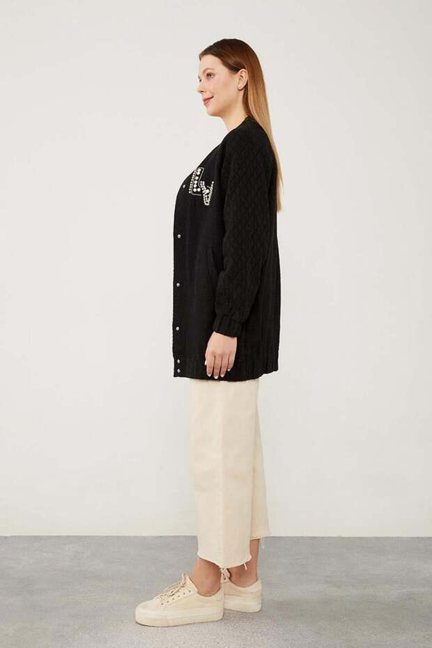 Siyah Triko İşlemeli Ceket - 5