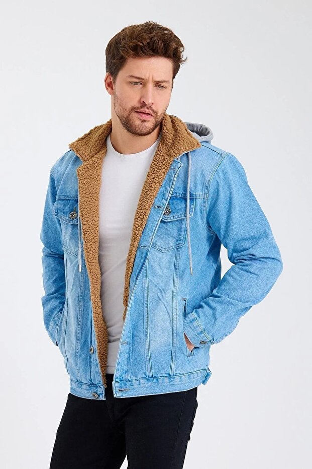 Fur Lined Hooded Denim Coat Anthracite Ice Blue