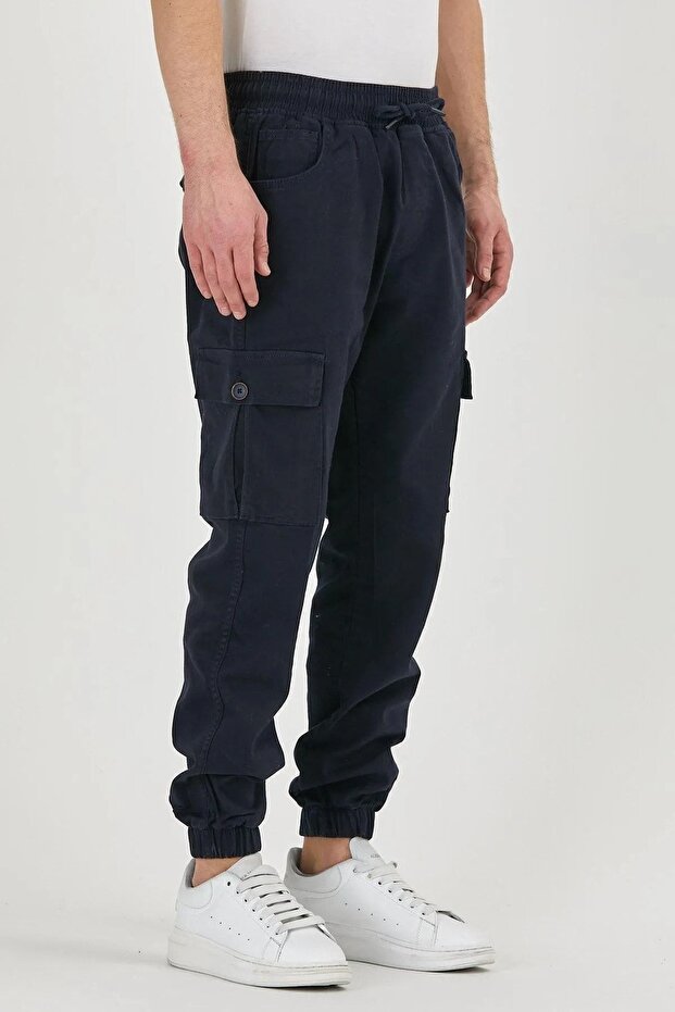Men's Navy Blue Jogger Pants with Elastic Waist and Cargo Pockets