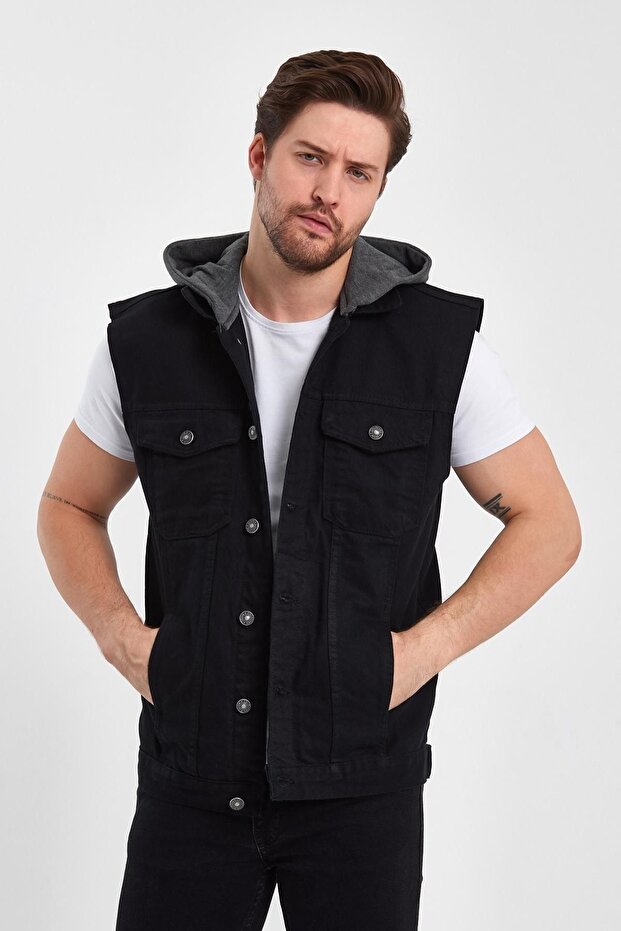 Comfortable Pattern Text Printed Hooded Denim Buttoned Denim Vest Black