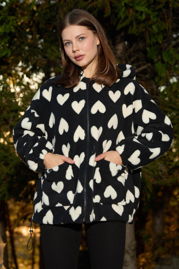 Heart Patterned Plush Coat - 4