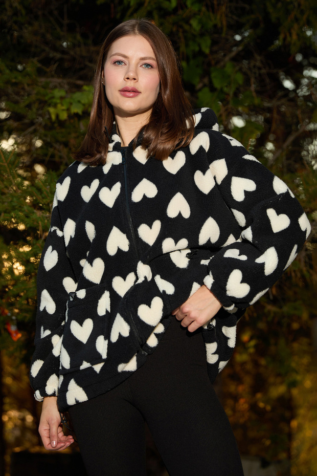 Heart Patterned Plush Coat - 2