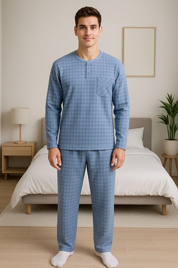 New Product...Men's Winter Cotton Fabric Wide-Cut Lapel Collar 3-Button Pantalon Leg Pajama Set