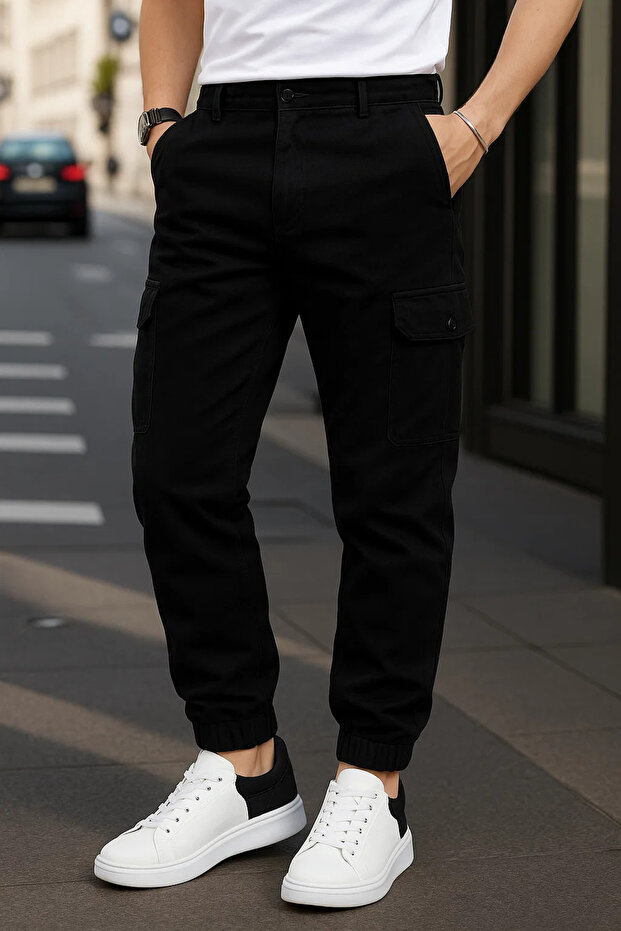 Men's Elastic Trend High Waist Black Cargo Pants