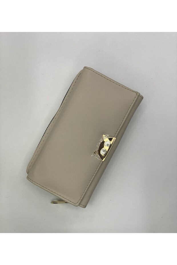 Women's Beige Cat Detailed Large Size Horizontal Wallet 10X17X5Cm