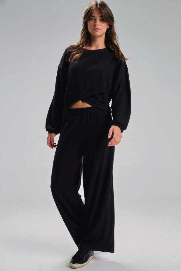 Women's Long Sleeve Crew Neck Double-Breasted Shirred Crop Black Two Piece Set C9T2N1