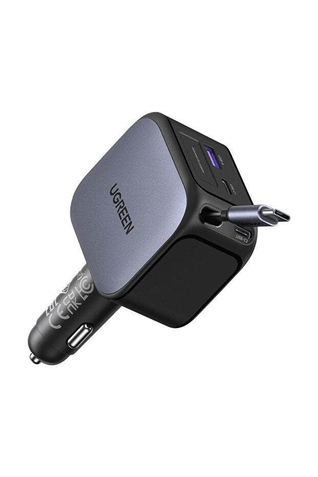 شاحن سيارة نيكسود بمنفذي USB-C وUSB قابلين للسحب بقوة 145 واط - رمادي فضائي