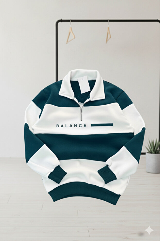 Unisex Petrol White Striped Zippered Sweatshirt - Written on It:'Balance'