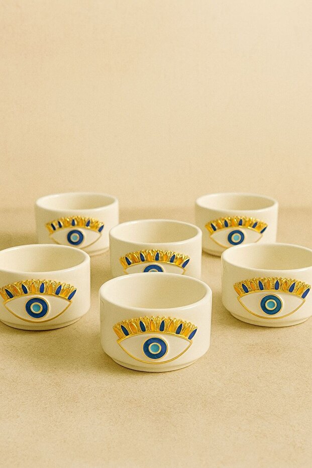 6-Piece White Porcelain Evil Eye Sauce Bowl Turkish Delight Bowl Presentation Bowl Mini Size