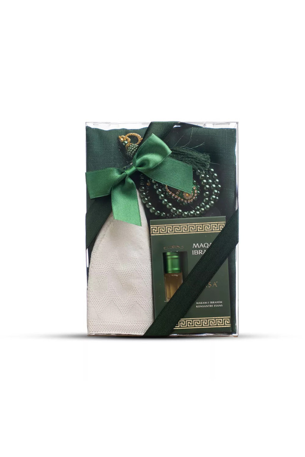Scarf + Headscarf + Essence + Prayer Beads + Dhikr Mat Gift Set (with Acetate Box, Green)