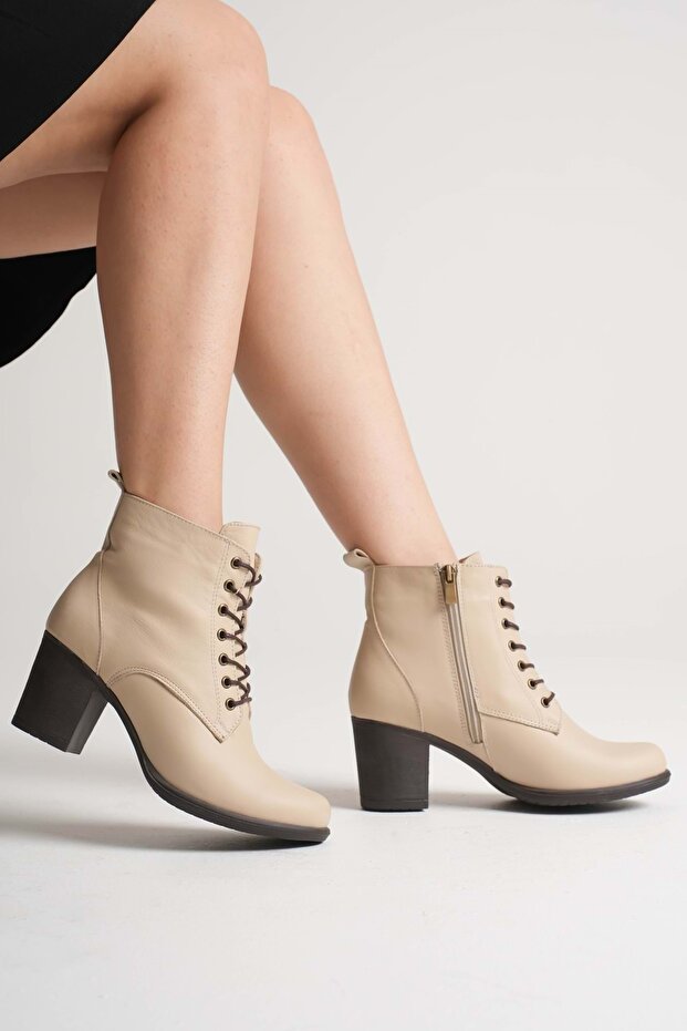 Women's genuine leather lace-up heeled boots - beige