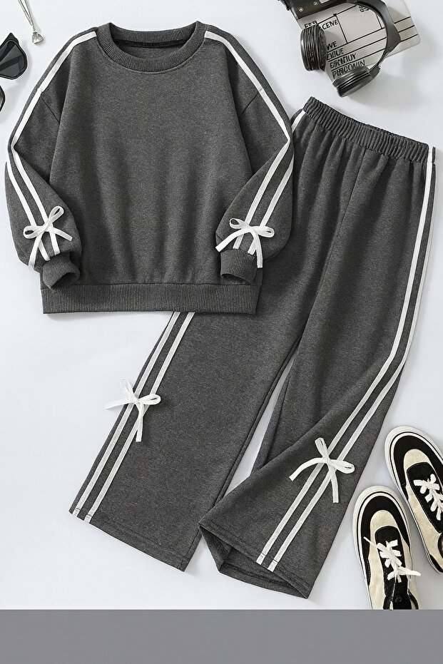 Girl's Bow Detailed Tracksuit Bottom-Top Set