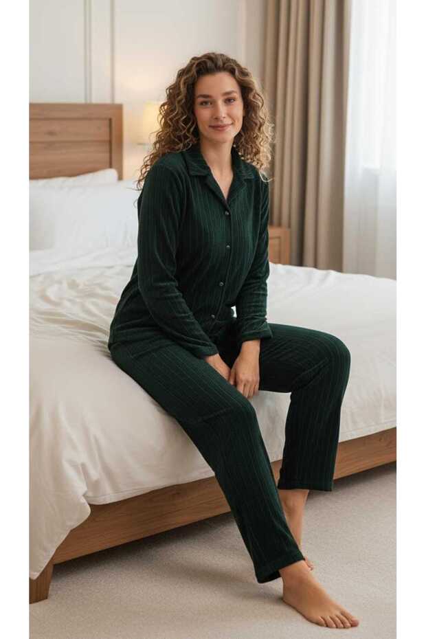 Women's Shirt with Collar, Buttoned at the Neck, Rubbed Fleece, 2-Piece Set
