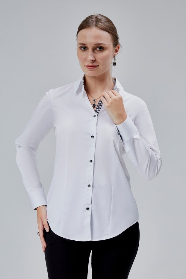 White Cotton Satin Lycra King Striped Fabric and Button Detailed Slim Fit Women's Shirt