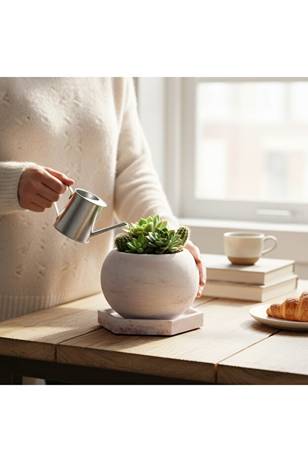 El Yapımı Taş Tozu Yumurta Formlu Tabaklı Sukulent Saksı – 6,5x5,5 cm - 1