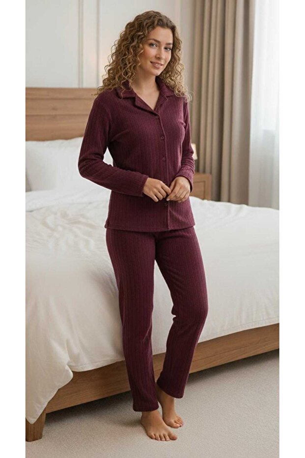 Women's Shirt with Collar, Buttoned at the Neck, Rubbed Fleece, 2-Piece Set