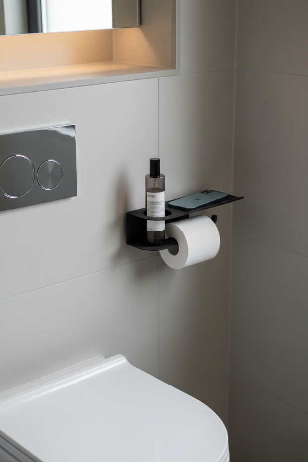Black Metal Shelf Toilet Roll Holder with Phone Holder Multi-Purpose Bathroom Wc Accessory
