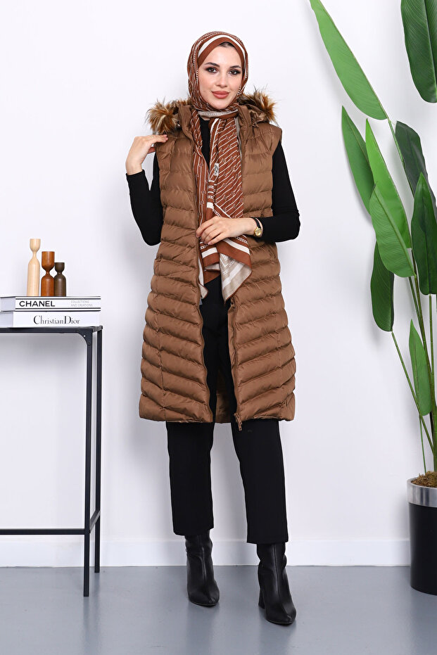 Brown Hooded Long Puffer Vest