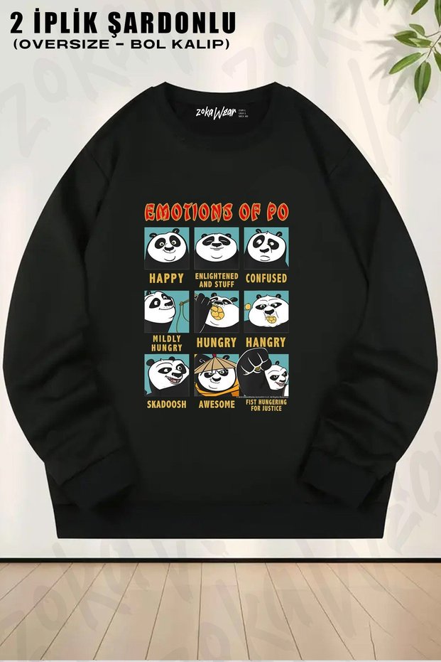 Unisex Kung Fu Panda Emotions of Po Printed Oversized Crew Neck Sweatshirt