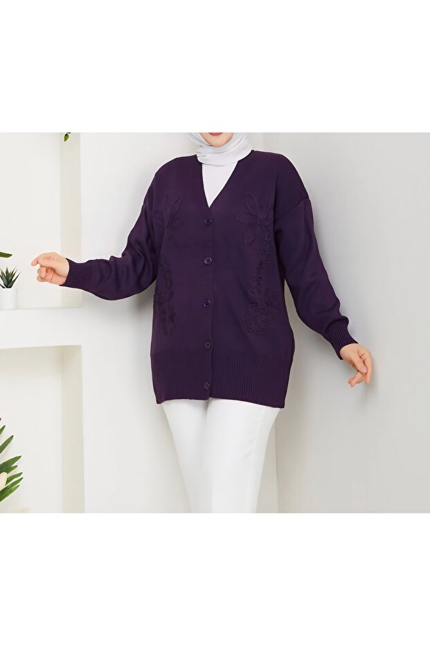 Long Sleeve Purple Knit Cardigan with Embroidery Detail