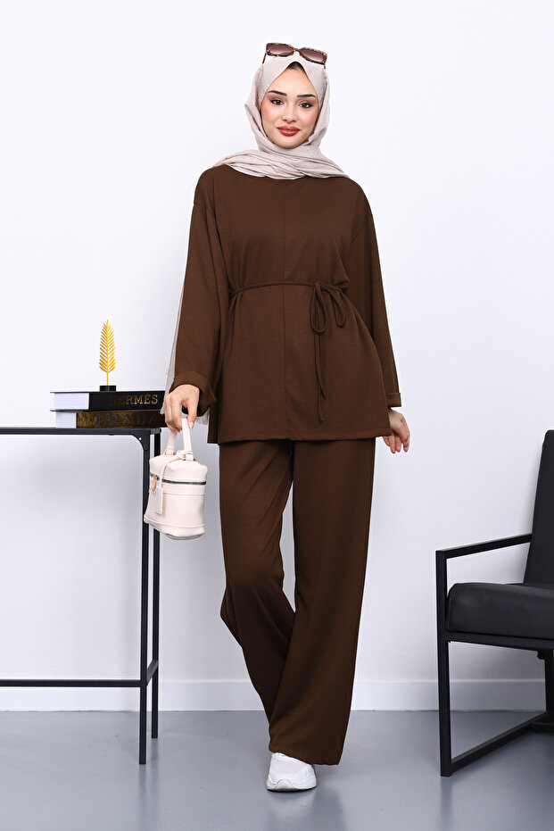 Brown Waist-Tied Pants Modal Set with Pockets