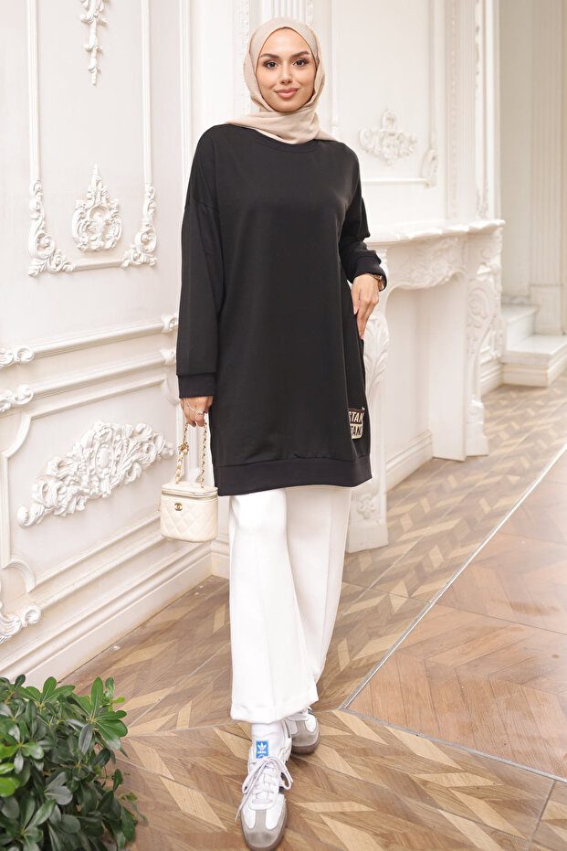Black Crew Neck Embroidered Tunic