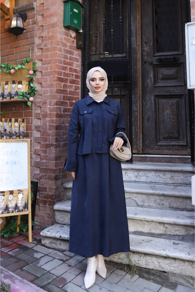 Suede Skirt Suit with Pocket Detail