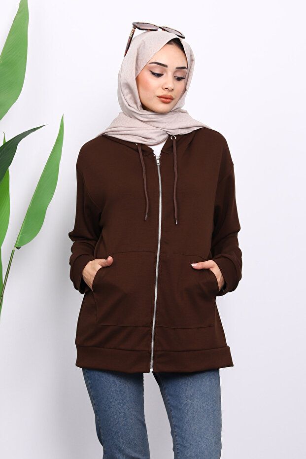 Brown Hooded Zippered Modal Sweat Cardigan