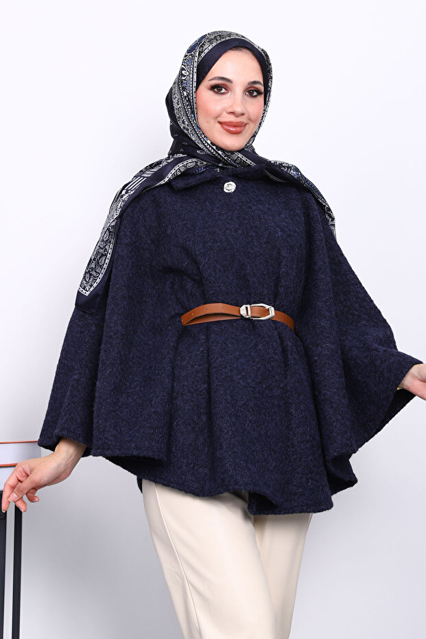 Navy Blue Belted Cashmere Poncho