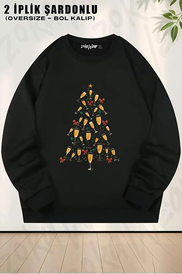 Unisex Kadeh New Year Pine Tree Christmas Printed Oversized Crew Neck Sweatshirt