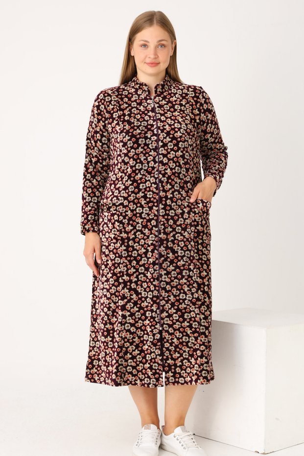 Burgundy Floral Patterned Full-Length Zippered Pocketed Cotton Velvet Judge Maxi Length Collar Plus Size Dress