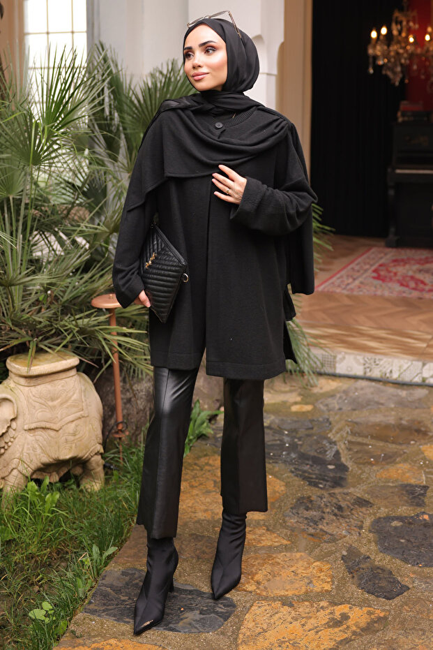 Black Shawl Detailed Textured Cardigan
