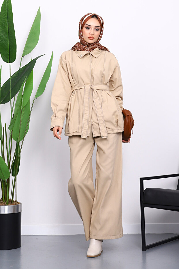 Beige Snap Fastener Jacket and Trousers Gabardine Suit