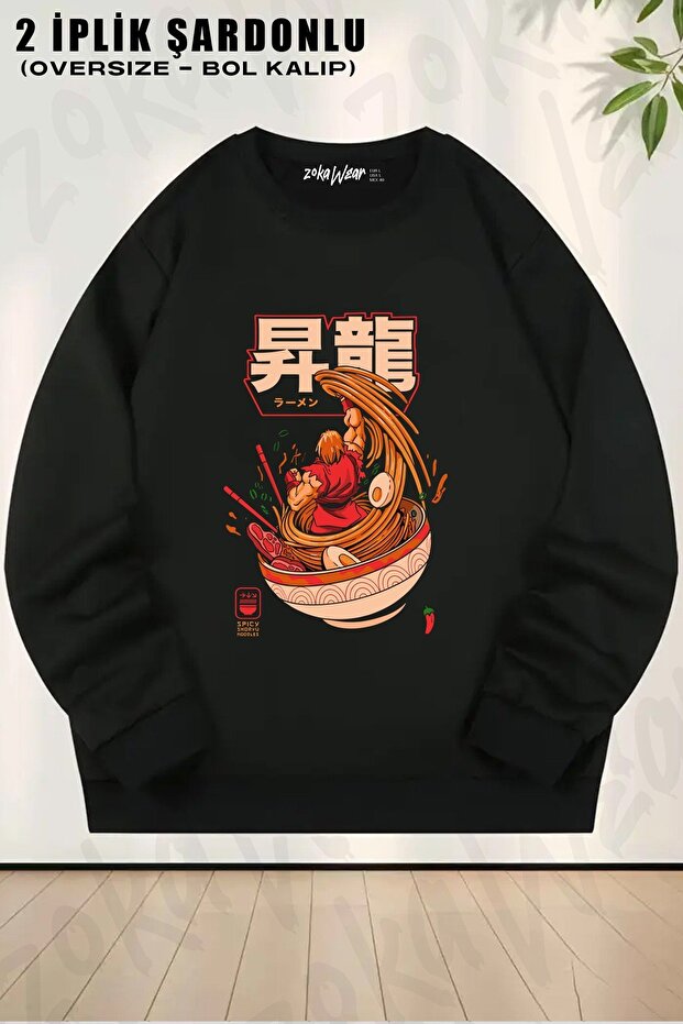 Unisex Ramen Street Fighter Printed Oversized Crew Neck Sweatshirt