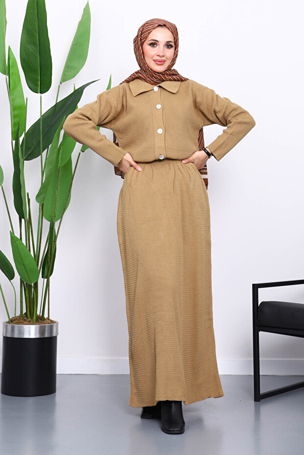 Mink Shirt Collar Buttoned Knitwear Skirt Set