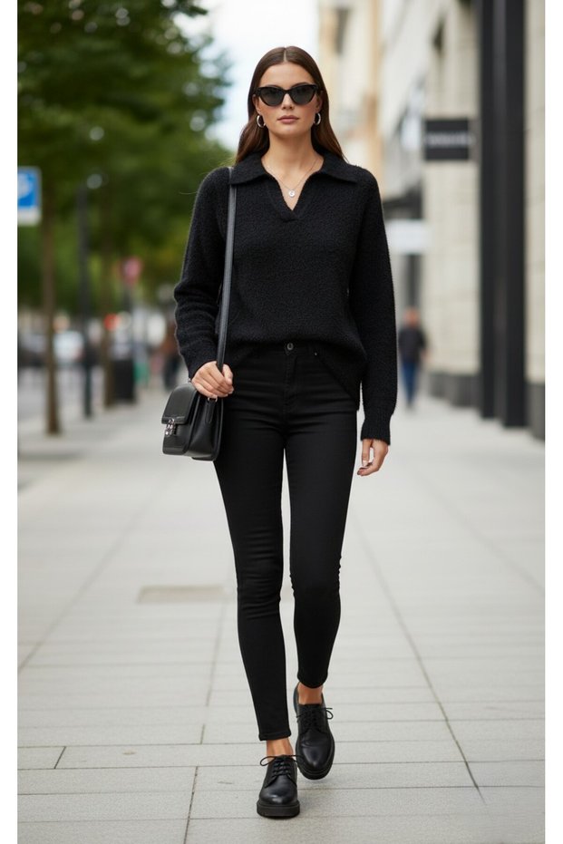 Women's Trendy Polo Neck Fuzzy Knitted Sweater - 100% Cotton Casual Stylish Knitwear Top