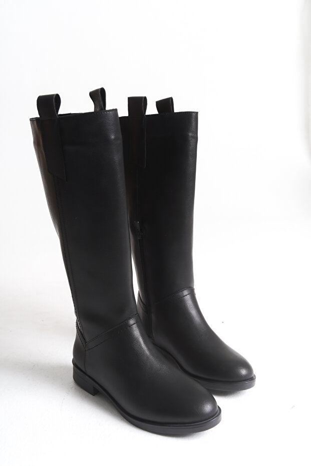 Black Leather Women's Boots Riding Below the Knee Zippered Non-Slip Sole Thick Heeled Horsey