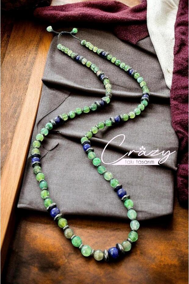 Green Dragon Agate-Lapis Lazuli&Hematite Unisex Long Natural Stone Necklace 70-80 cm